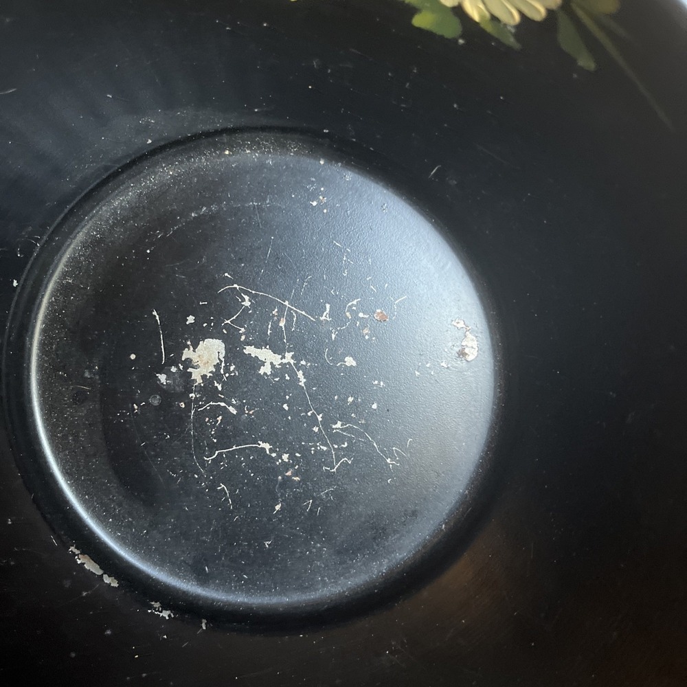 Vintage Nashco Hand Painted Tin Bowl 11 in. Black Floral READ - Picture 9 of 9